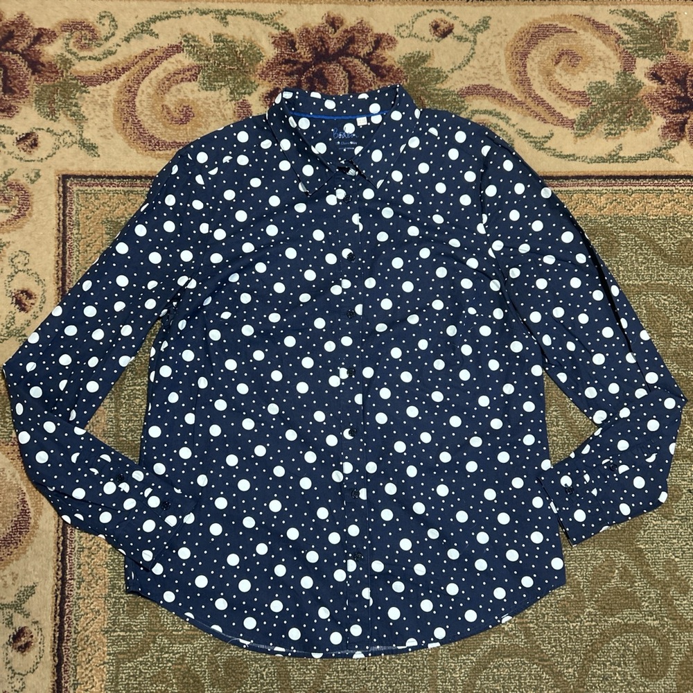 Boden retro cotton navy polka dot button up longsleeve shirt size 12 r